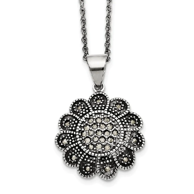 ladies-rustic-link-necklaces-Marcasite Flower Necklace in Antiqued Stainless Steel, 20 Inch