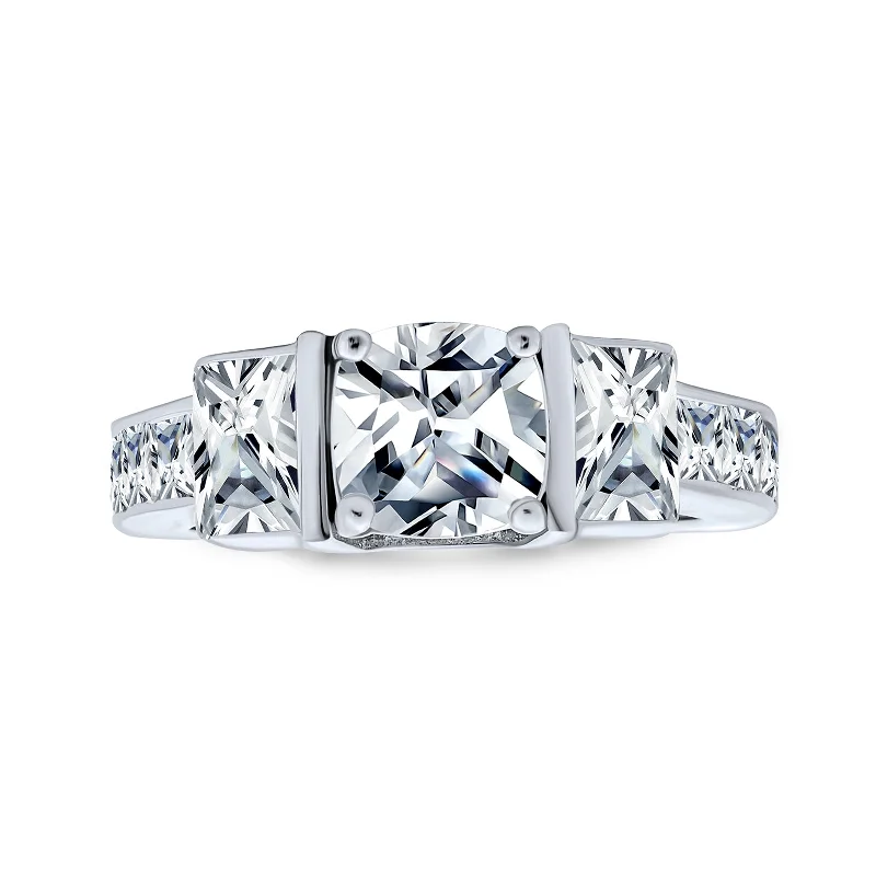 Ladies engagement rings with fin settings -Art Deco 3CT CZ Three Stone Princess Cut Engagement Ring in Sterling Silver