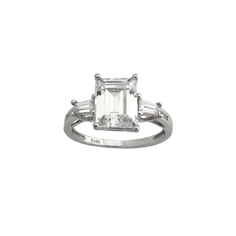 Ladies engagement rings cute romance -Emerald Cut Center & Baguette Accent CZ Engagement Ring (14K)