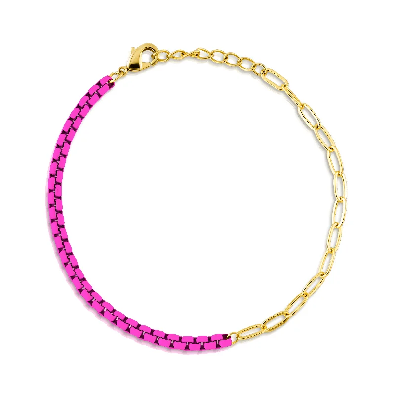 ladies-gold-flower-bracelets-HALF & HALF ENAMEL PAPERCLIP BRACELET, NEON PINK