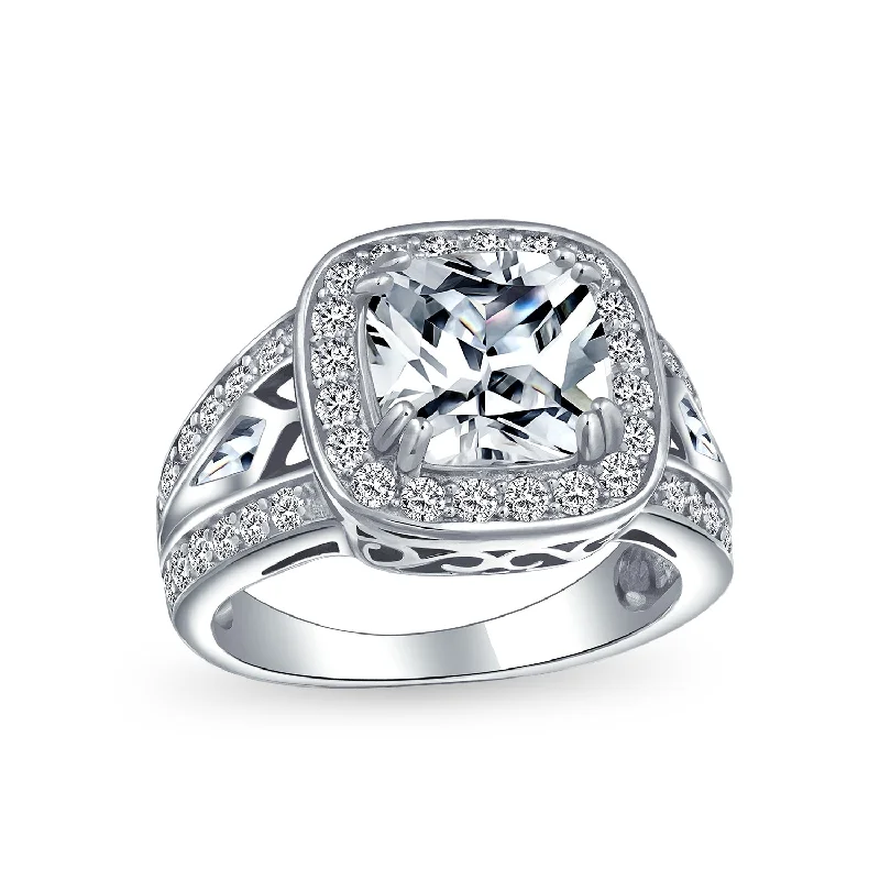 Ladies engagement rings for game-night vows -Vintage Art Deco 3CTW CZ Halo Cushion Cut Solitaire Engagement Ring Silver Band