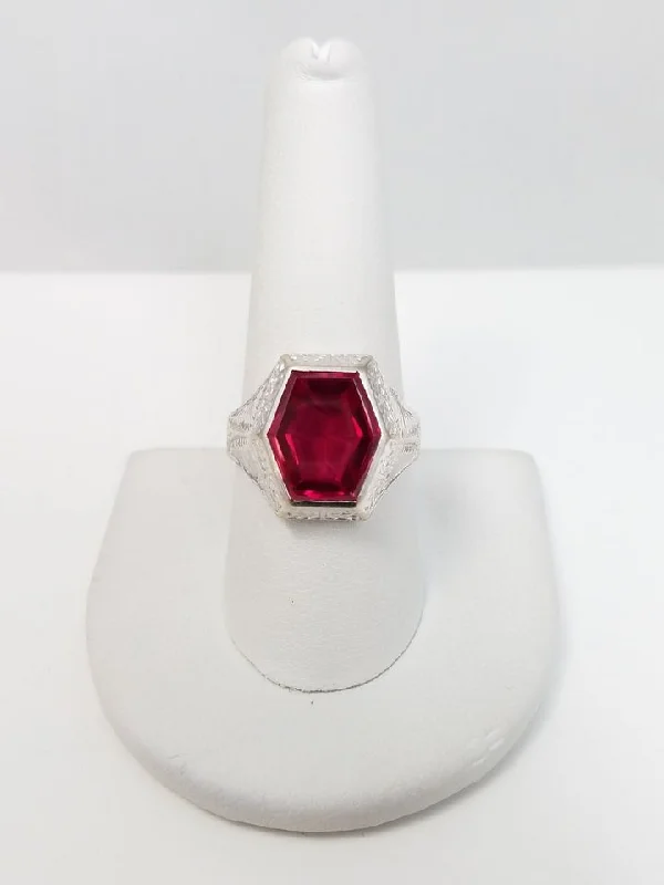 Ladies rings lustrous elegance -Art Deco 1930's Synthetic Red Gemstone 14k White Gold Ring