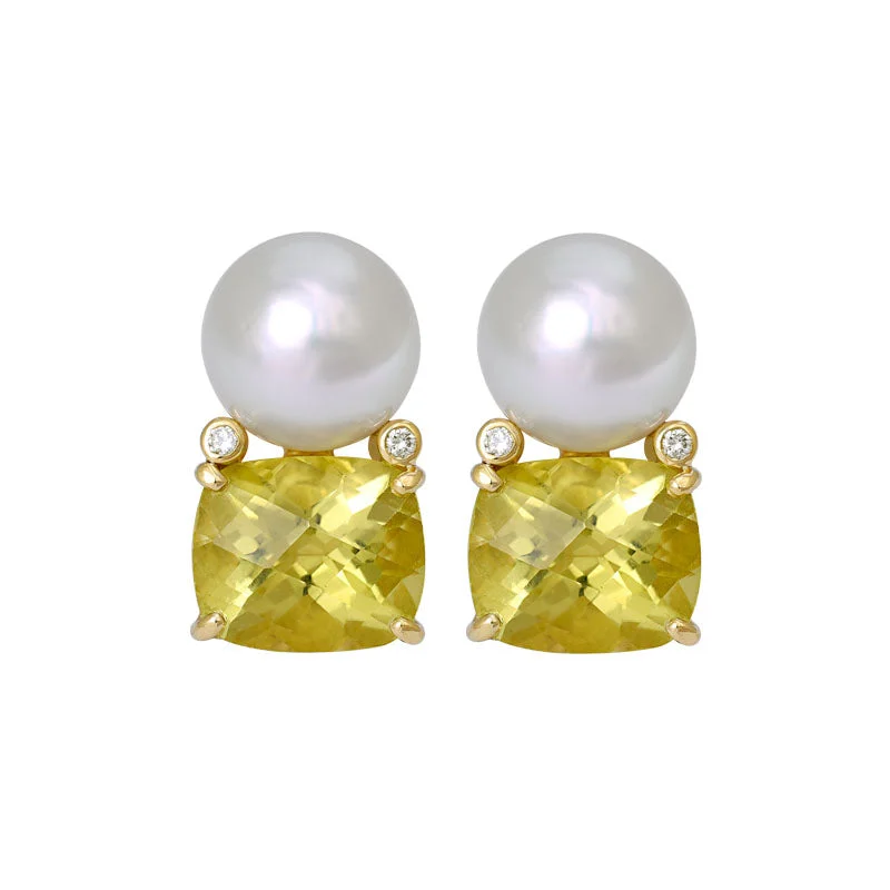 Ladies earrings with pack studs -Earrings- Lemon Quartz, South Sea Pearl and Diamond