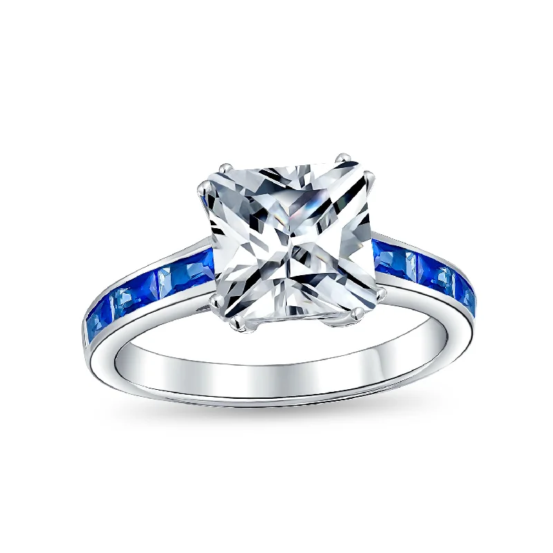 Ladies engagement rings with owl settings -Classic Art Deco 3CT CZ Princess Cut Engagement Ring with Sapphire Blue Band