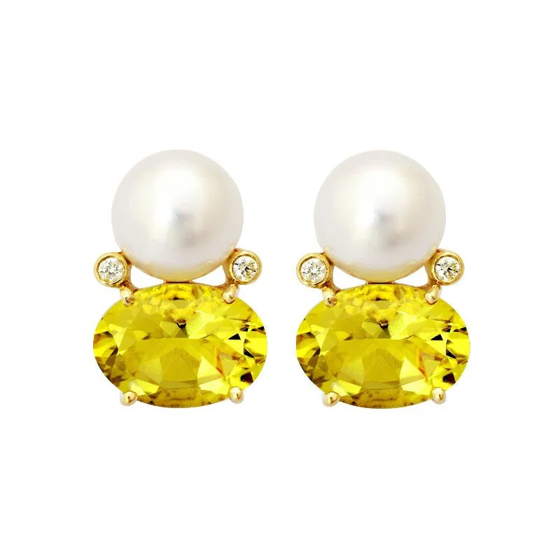 Ladies earrings with citrus aventurine -Earrings-Lemon Quartz, South Sea Pearl and Diamond  (2141E)