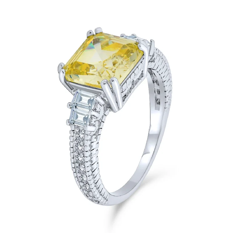 Ladies engagement rings for trade unions -Elegant Art Deco 2CT Canary Yellow CZ Asscher Cut Engagement Ring with Baguettes