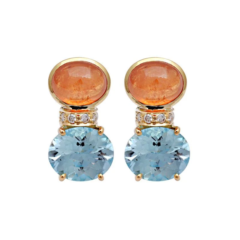 Ladies earrings chic elegance -Earrings-Orange Garnet, Blue Topaz and Diamond  (2126D)