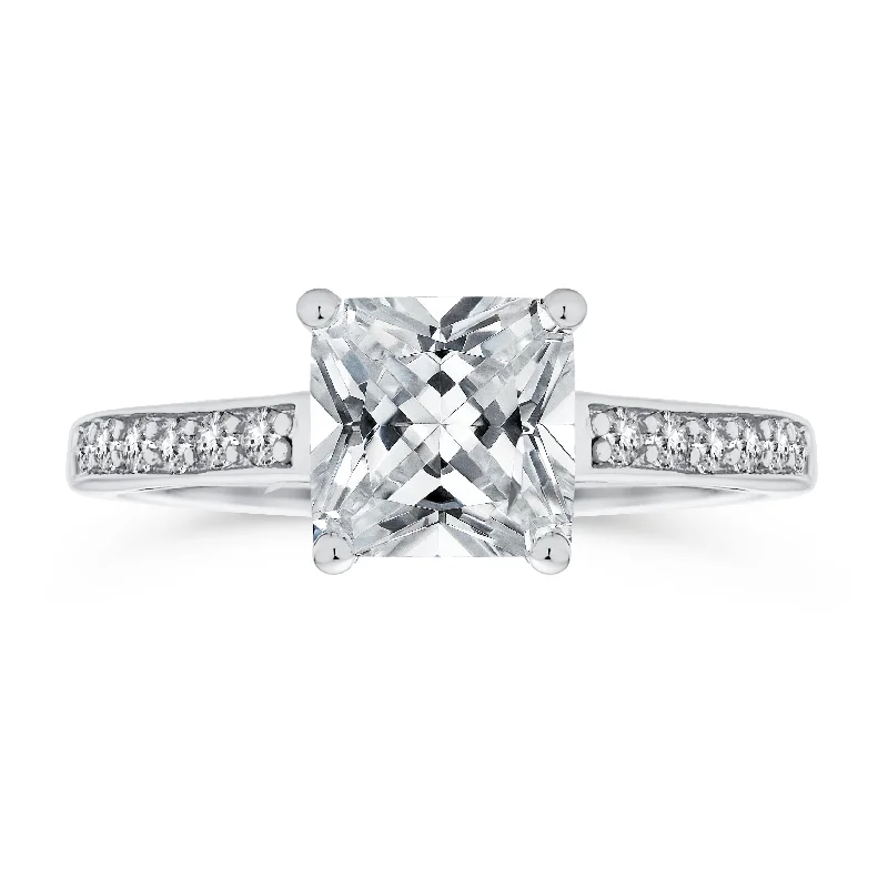 Ladies engagement rings with trail accents -Classic 2.5CT Princess Cut Solitaire Engagement Ring in Sterling Silver with CZ Band