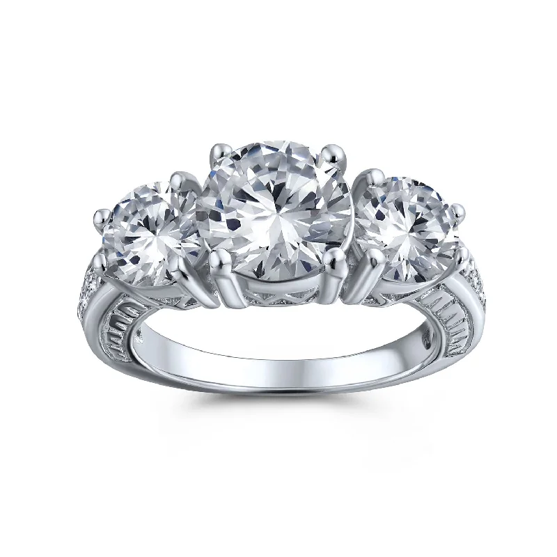 Ladies engagement rings with woof settings -Vintage Milgrain 4 CTW Round Solitaire Three Stone CZ Engagement Ring Silver