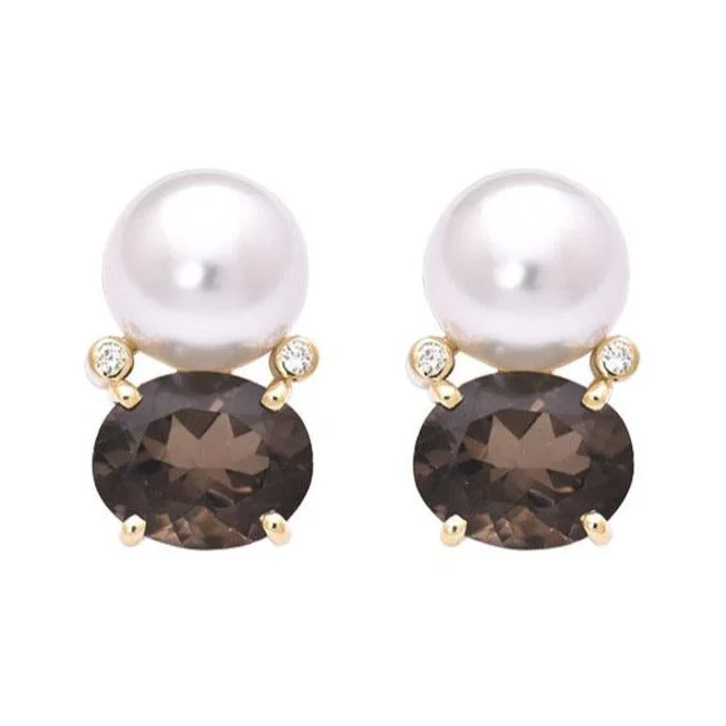 Ladies earrings with lime moldavite -Earrings- Smokey Quartz, South Sea Pearl and Diamond  (2189F)