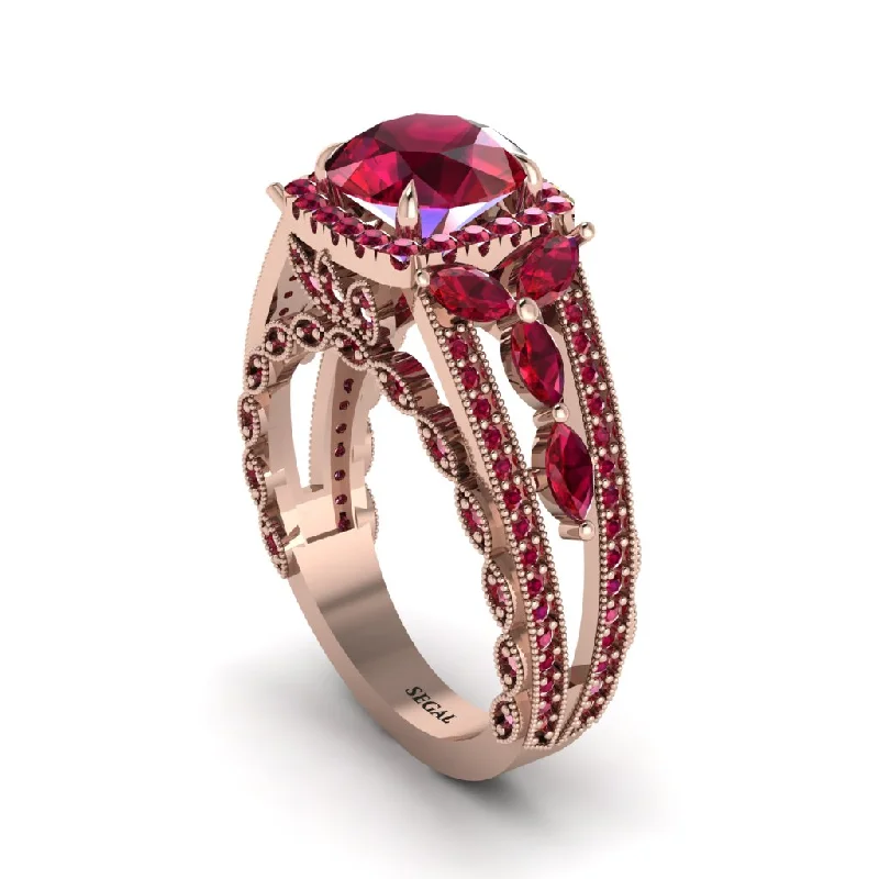 Ruby Eternal Embrace Double Shank Filigree Engagement Ring - Celine No. 56