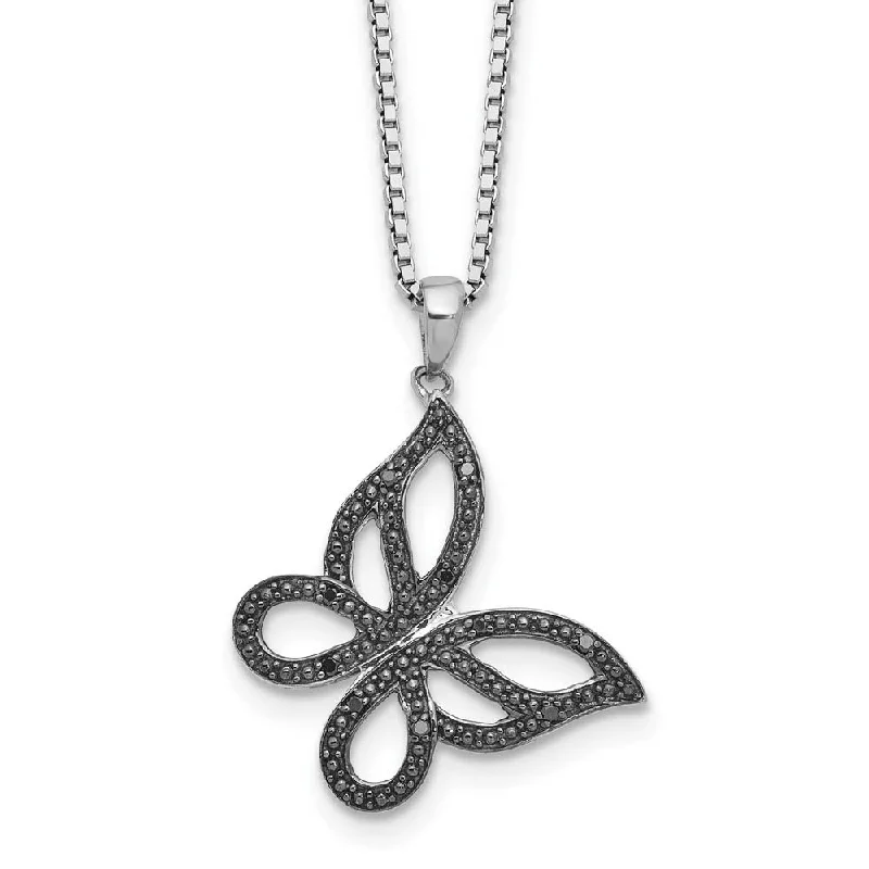 ladies-rustic-rope-necklaces-Black Diamond 21mm Butterfly Rhodium Plated Sterling Silver Necklace