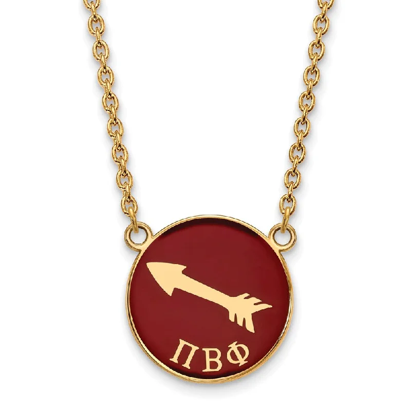 ladies-classic-bar-necklaces-14K Plated Silver Pi Beta Phi Large Red Enamel Logo Disc Necklace