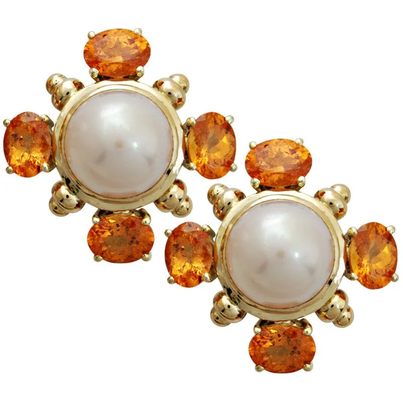 Ladies earrings with dawn sunstone -Earrings-Pearl and Orange Garnet  (1706B)