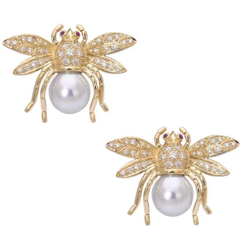 Ladies earrings with chord drops -Earrings- Ruby, South Sea Pearl and Diamond