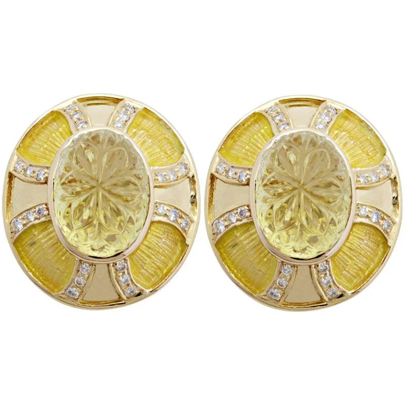 Ladies earrings fine sparkle -Earrings-Lemon Quartz and Diamond (Enamel)  (1843I)