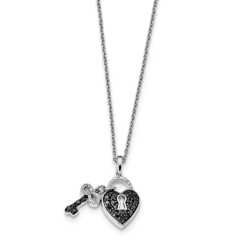 ladies-fashion-silver-necklaces-Black & White Diamond Heart Lock & Key Necklace in Sterling Silver