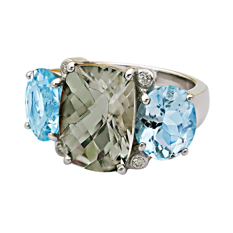 Ladies rings for brush vibes -Ring-Green Quartz, Blue Topaz and Diamond