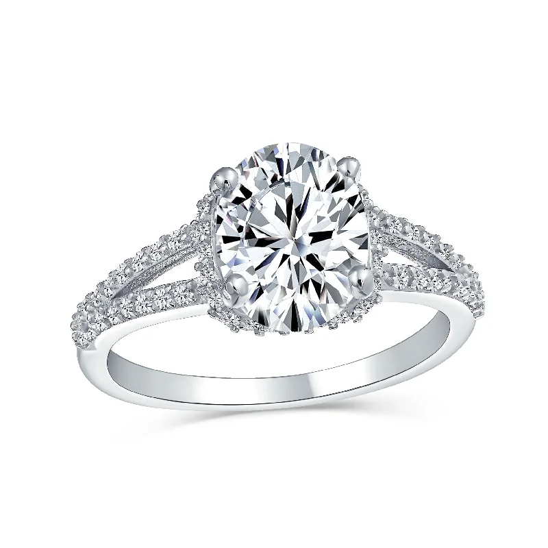 Ladies engagement rings with dew settings -Classic 3CT AAA CZ Oval Solitaire Engagement Ring with Split Shank Silver Band