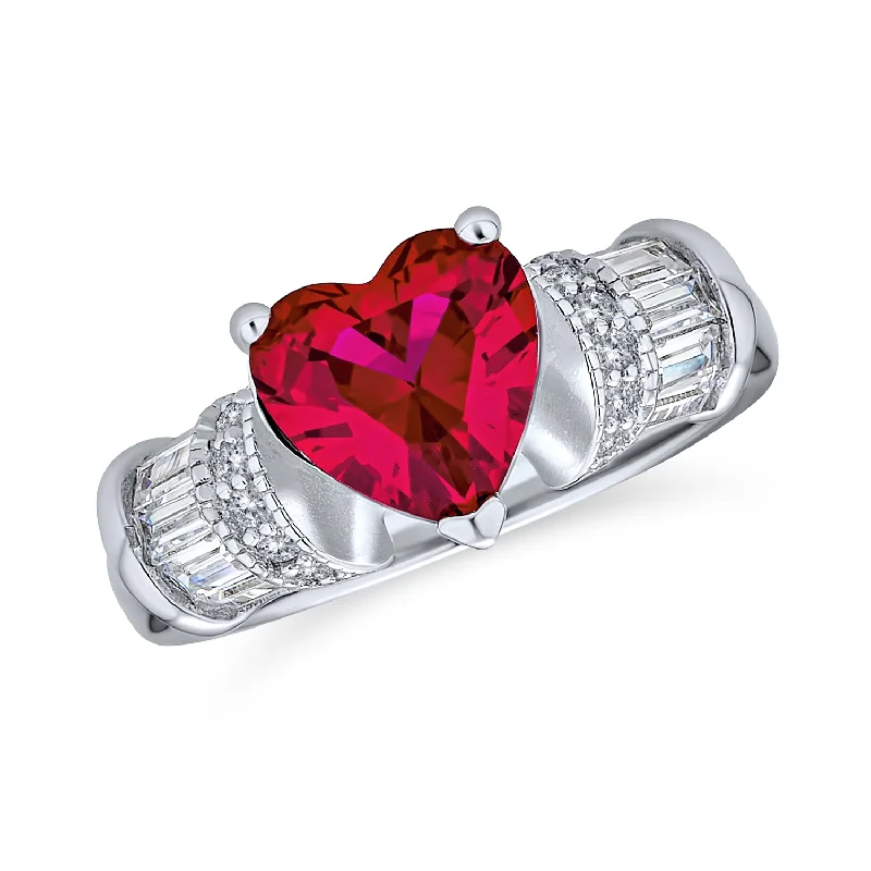 Ladies engagement rings for ridge unions -Art Deco 2.5CT Red Pink Heart CZ Engagement Ring with Baguette Side Stones