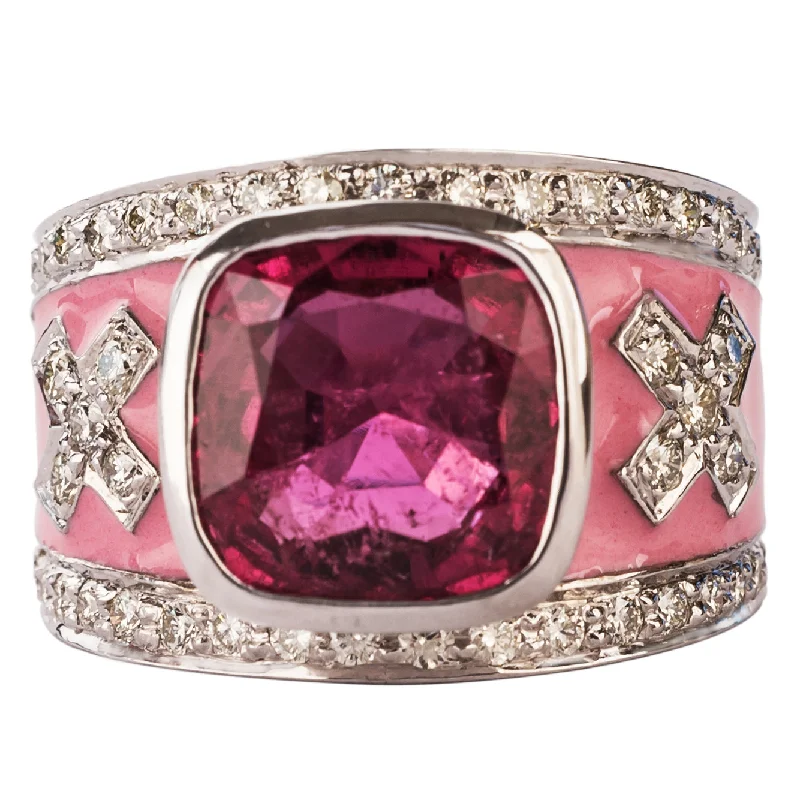 Ladies rings corrosion-resistant metal -Ring- Rubellite and Diamond (Enamel)