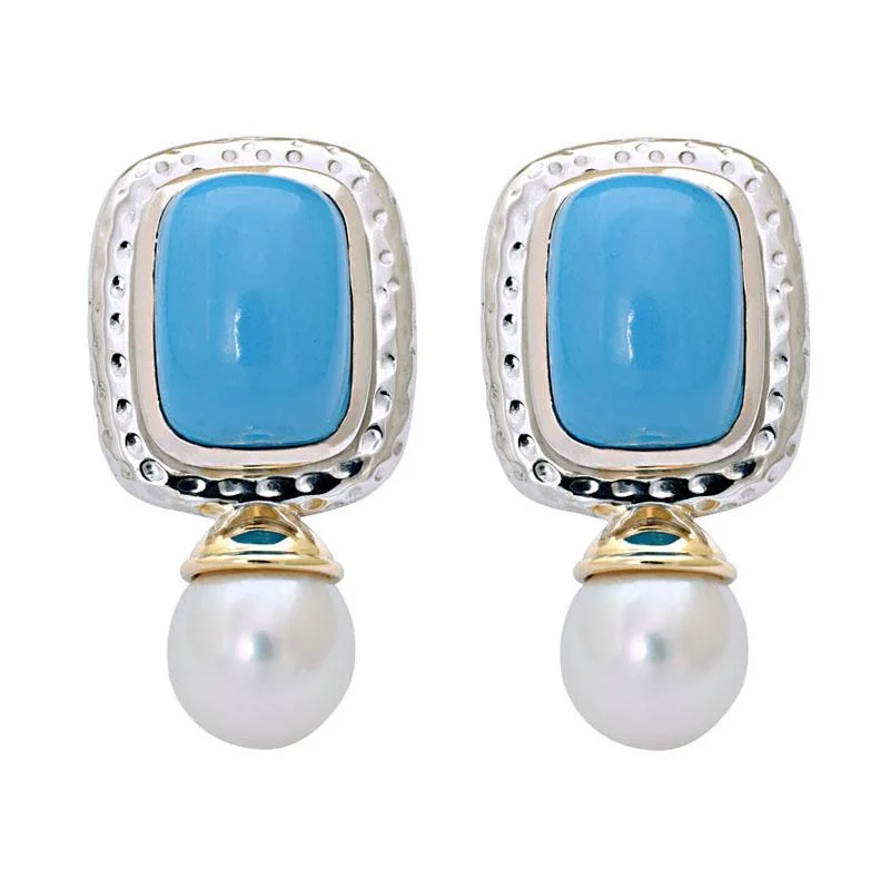 Ladies earrings with zirconia accents -Earrings-Turquoise and South Sea Pearl  (8CM)