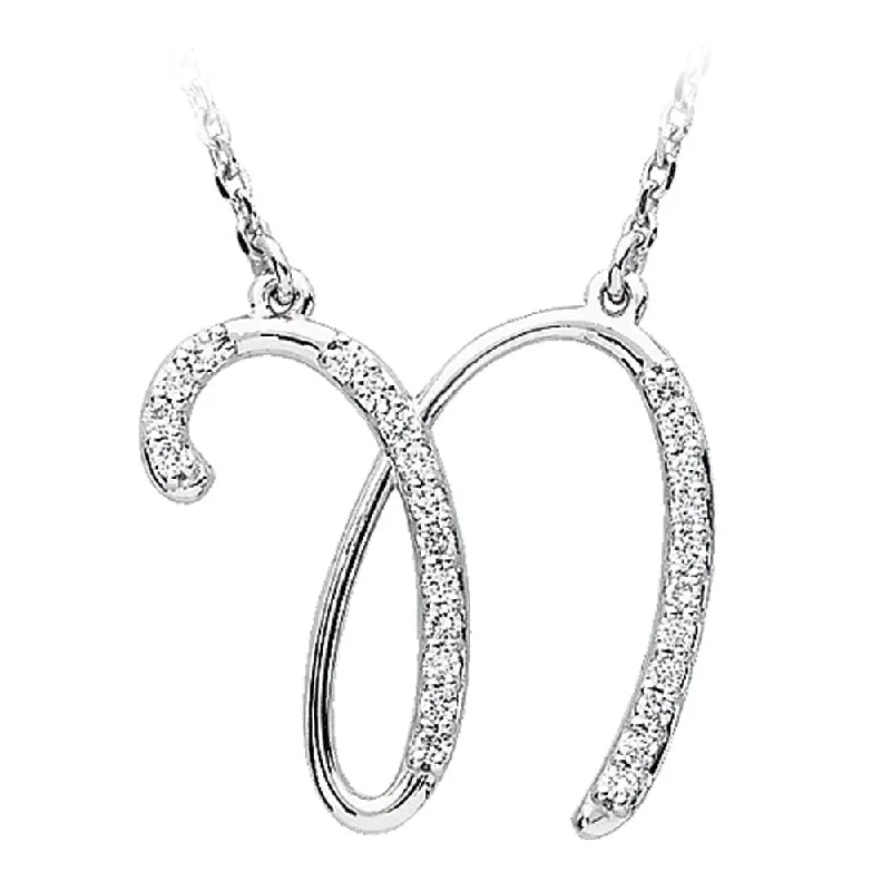 ladies-diamond-cable-necklaces-1/8 Ctw Diamond 14k White Gold Medium Script Initial N Necklace, 17in