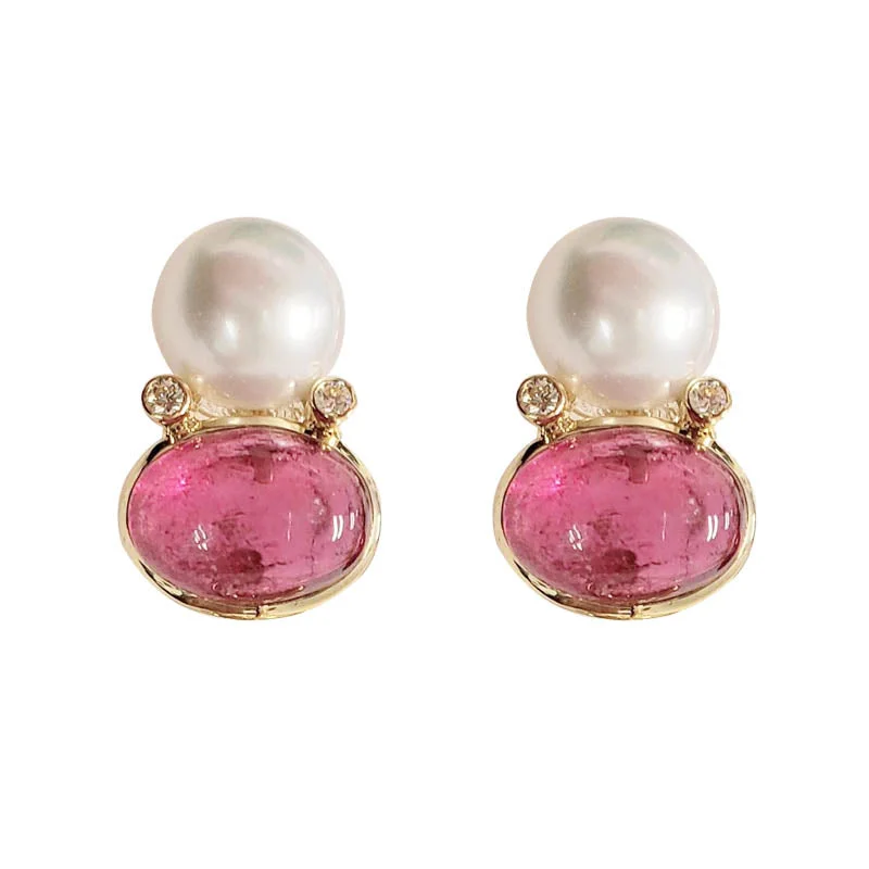 Ladies earrings with crown drops -EARRINGS- RUBELLITE, S.S. PEARL AND DIAMOND