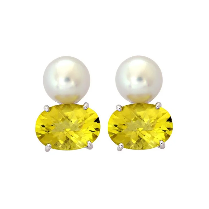 Ladies earrings with hoof studs -Earrings-Lemon Quartz and South Sea Pearl  (213DS)