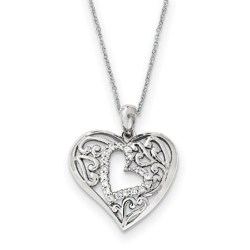 ladies-delicate-diamond-necklaces-Rhodium Plated Sterling Silver & CZ Forever in My Heart Necklace, 18in