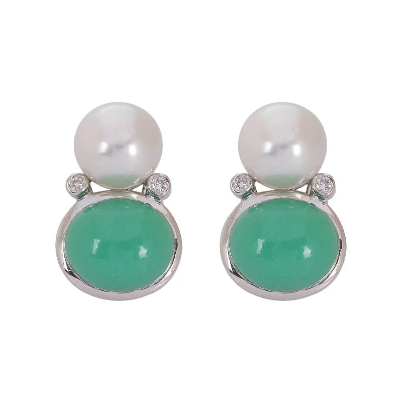 Ladies earrings with carved initials -Earrings- Chrysoprase, S.S. Pearl and Diamond