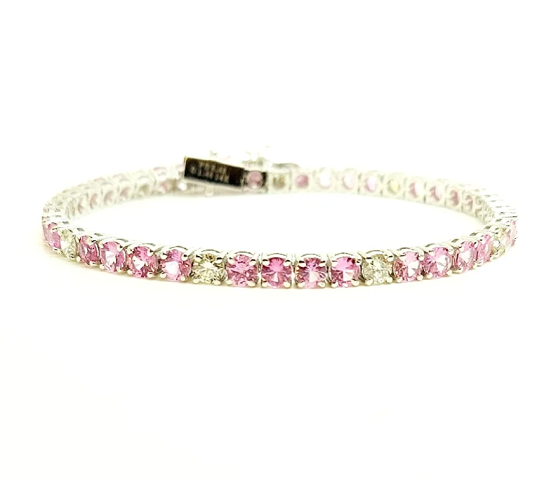 ladies-crystal-diamond-bracelets-Round Diamond and Pink Sapphire Tennis Bracelet in 14k White Gold