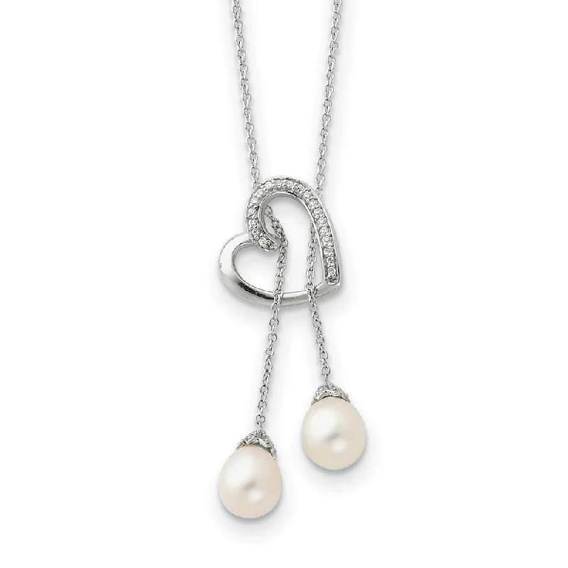 ladies-gemstone-bar-necklaces-Sterling Silver, FW Cultured Pearl & CZ Two Become One Lariat Necklace