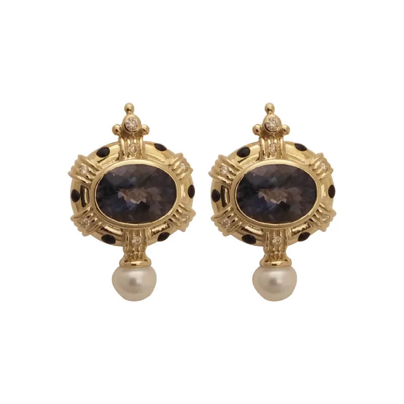 Ladies earrings faint elegance -EARRINGS- IOLITE, PEARL AND DIAMOND (ENAMEL)