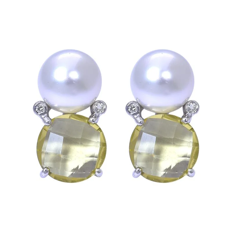 Ladies earrings for lens crafters -Earrings- Lemon Quartz, South Sea Pearl and Diamond  (263AS)