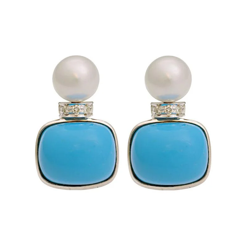 Ladies earrings for vision vibes -Earrings-Synthetic Turquoise, South Sea Pearl and Diamond  (181DS)