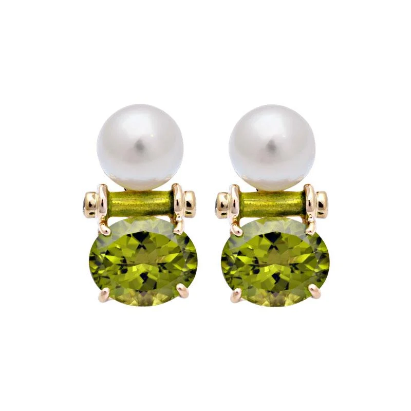 Ladies earrings with aqua diopside -Earrings-Peridot, South Sea Pearl and Diamond (Enamel)  (2101D)