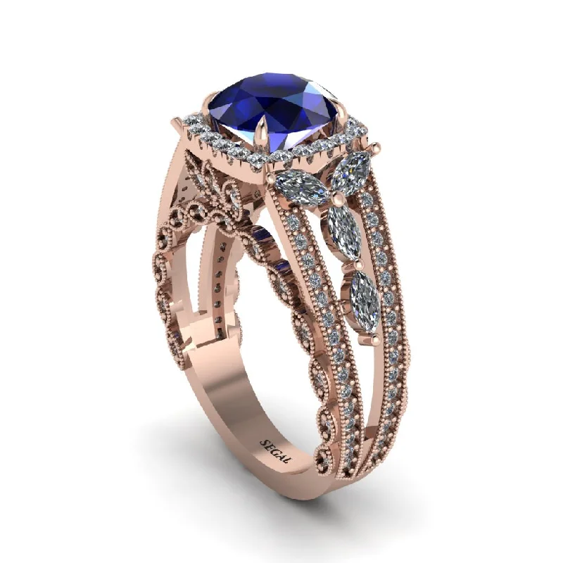 Ladies engagement rings with pine accents -Sapphire Eternal Embrace Double Shank Filigree Engagement Ring - Celine No. 14