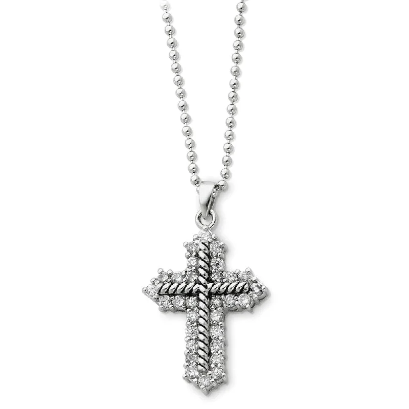 ladies-affordable-diamond-necklaces-Rhodium Sterling Silver & CZ Eternal Perspective Cross Necklace, 18in