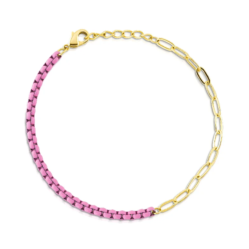 ladies-delicate-silver-bracelets-HALF & HALF ENAMEL PAPERCLIP BRACELET, PINK