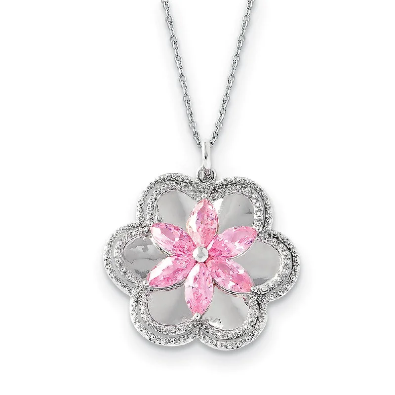 ladies-locket-diamond-necklaces-Rhodium Plated Sterling Silver & CZ Pretty in Pink Flower Necklace