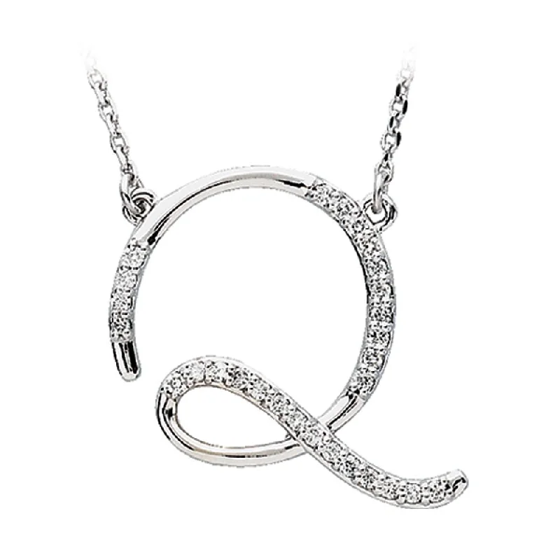 ladies-pearl-link-necklaces-1/8 Ctw Diamond 14k White Gold Medium Script Initial Q Necklace, 17in