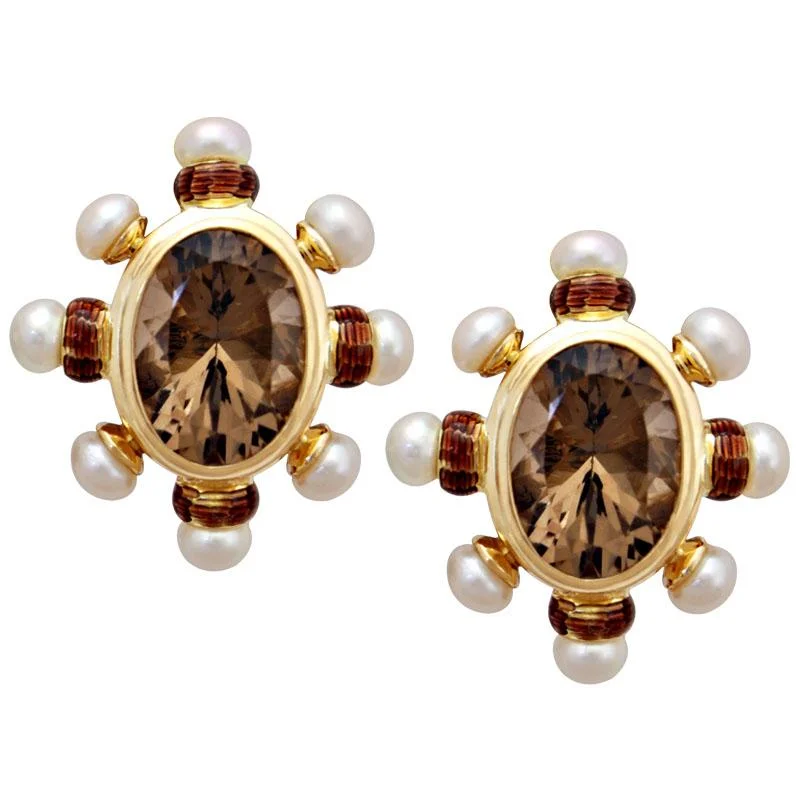 Ladies earrings for wellness vibes -Earrings-Smokey Quartz and Pearl (Enamel)  (1815C)