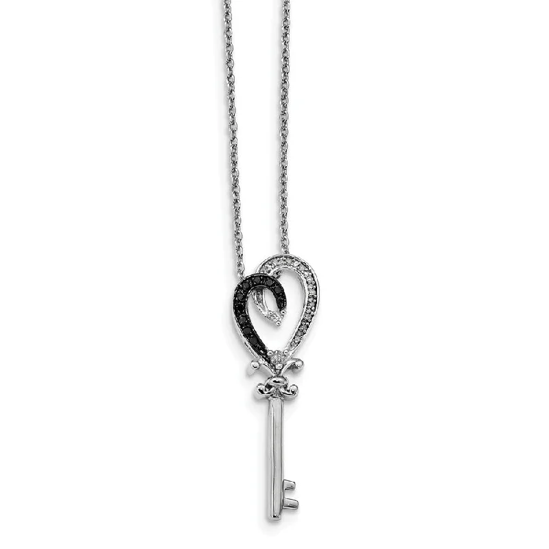 ladies-minimalist-pearl-necklaces-1/8 Ctw White & Black Diamond Heart Key Necklace in Sterling Silver