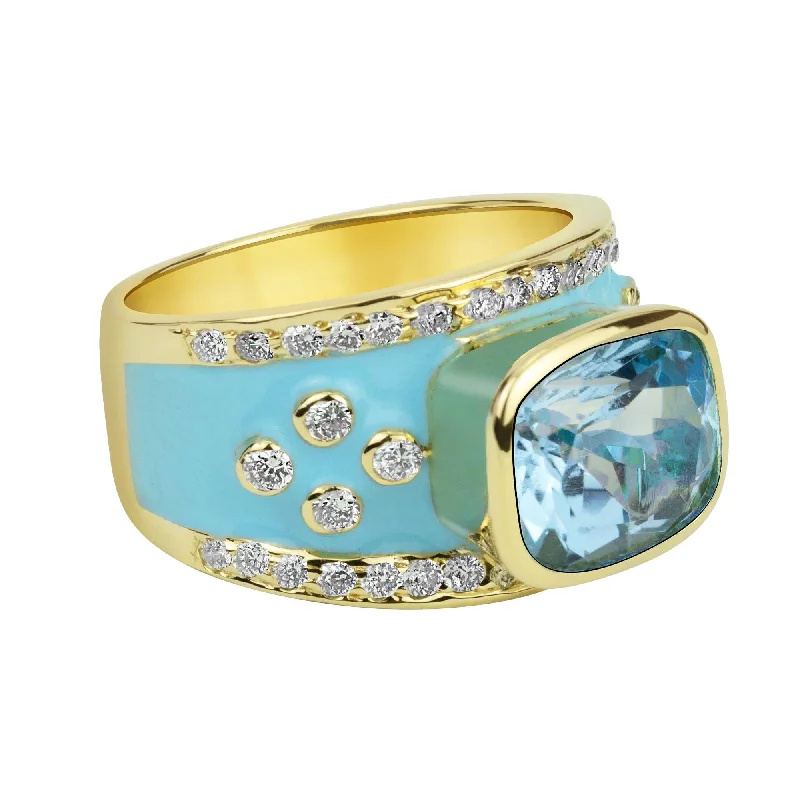 Ladies rings platinum brilliance -Ring - Blue Topaz And Diamond (enamel) (2332G)