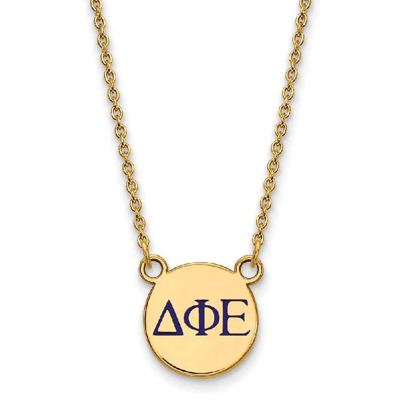 ladies-unique-silver-necklaces-14K Plated Silver Delta Phi Epsilon Sm Blue Enamel Letters Necklace