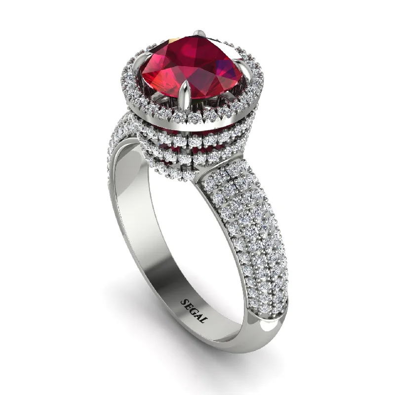 Ladies engagement rings gritty brilliance -Ruby Cluster Halo Engagement Ring - Katie No. 12