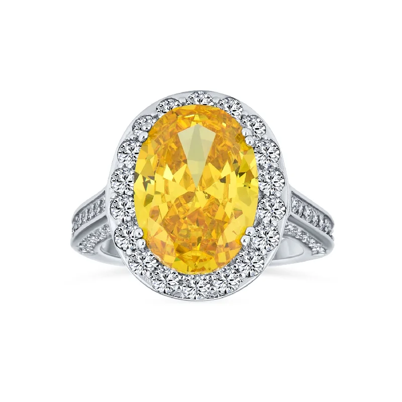 Ladies engagement rings for gallery vows -6CT Canary Yellow Oval Halo AAA CZ 925 Silver Engagement Ring with Pave Band