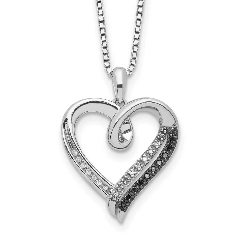 ladies-flower-rope-necklaces-1/10 Ctw Black & White Diamond 20mm Heart Necklace in Sterling Silver