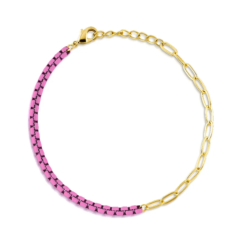 ladies-silver-moon-bracelets-HALF & HALF ENAMEL PAPERCLIP BRACELET, FUCHSIA